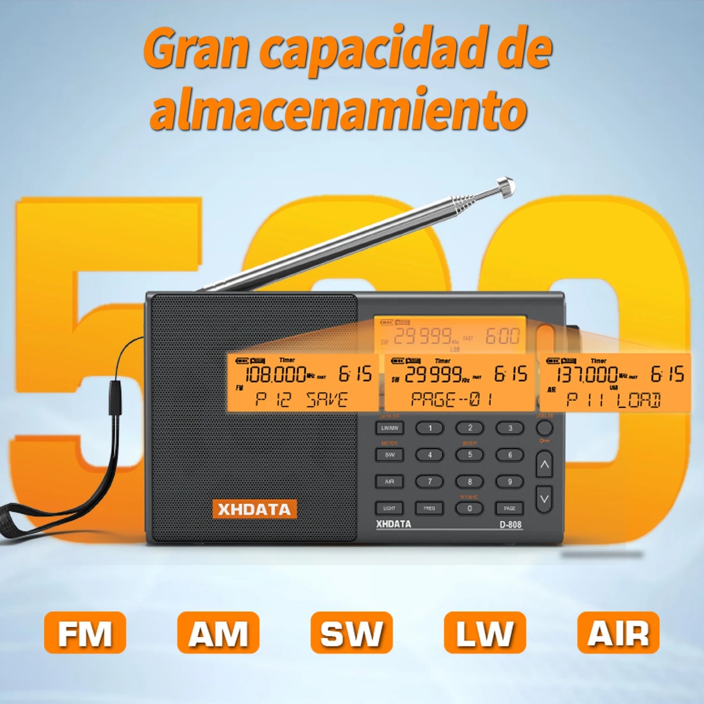 XHDATA D808 Portable Multiband Radio Receiver AM/FM/SW/MW SSB AIR RDS Stereo Sound Long Range Reception Rechargeable Battery