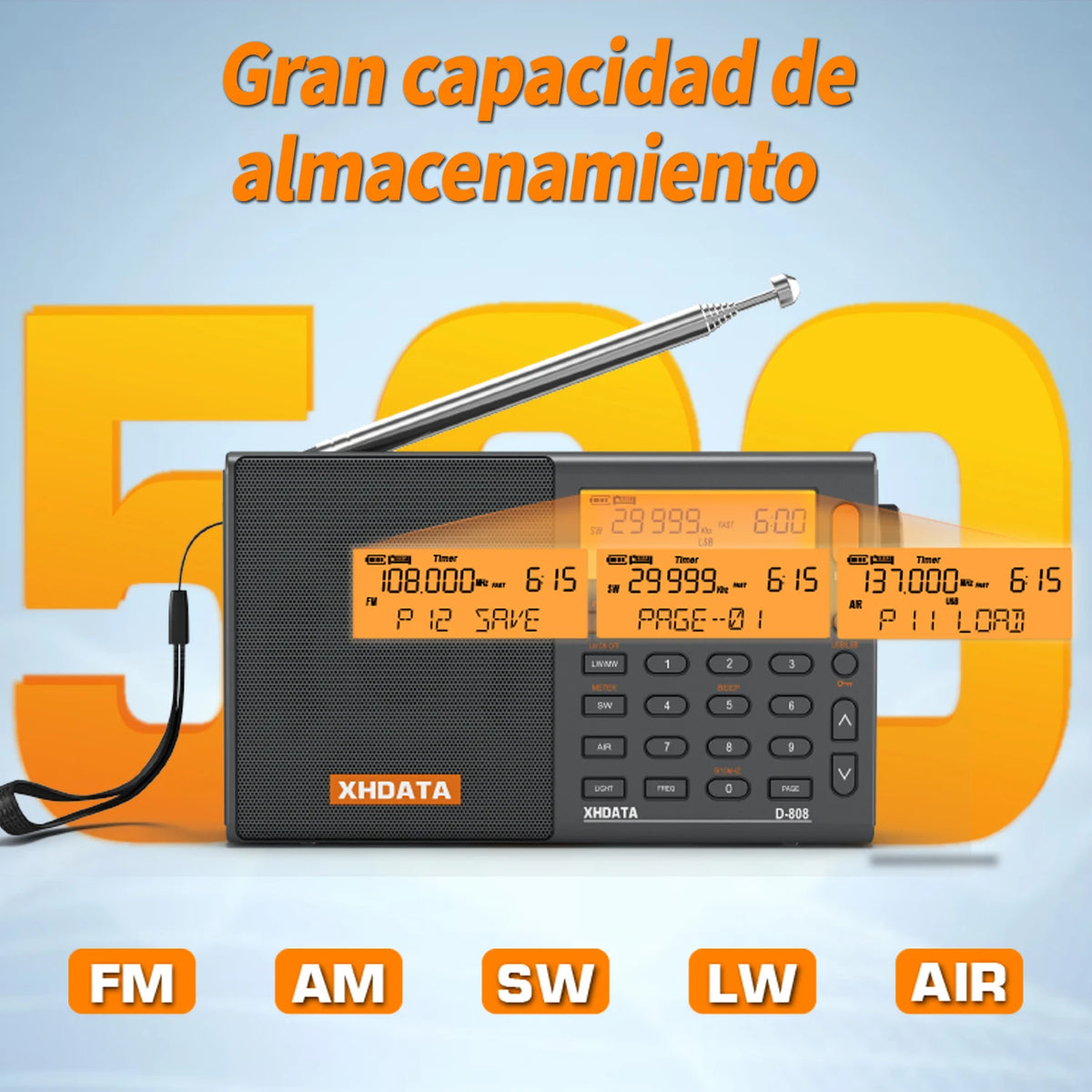 XHDATA D808 Portable Multiband Radio Receiver AM/FM/SW/MW SSB AIR RDS Stereo Sound Long Range Reception Rechargeable Battery