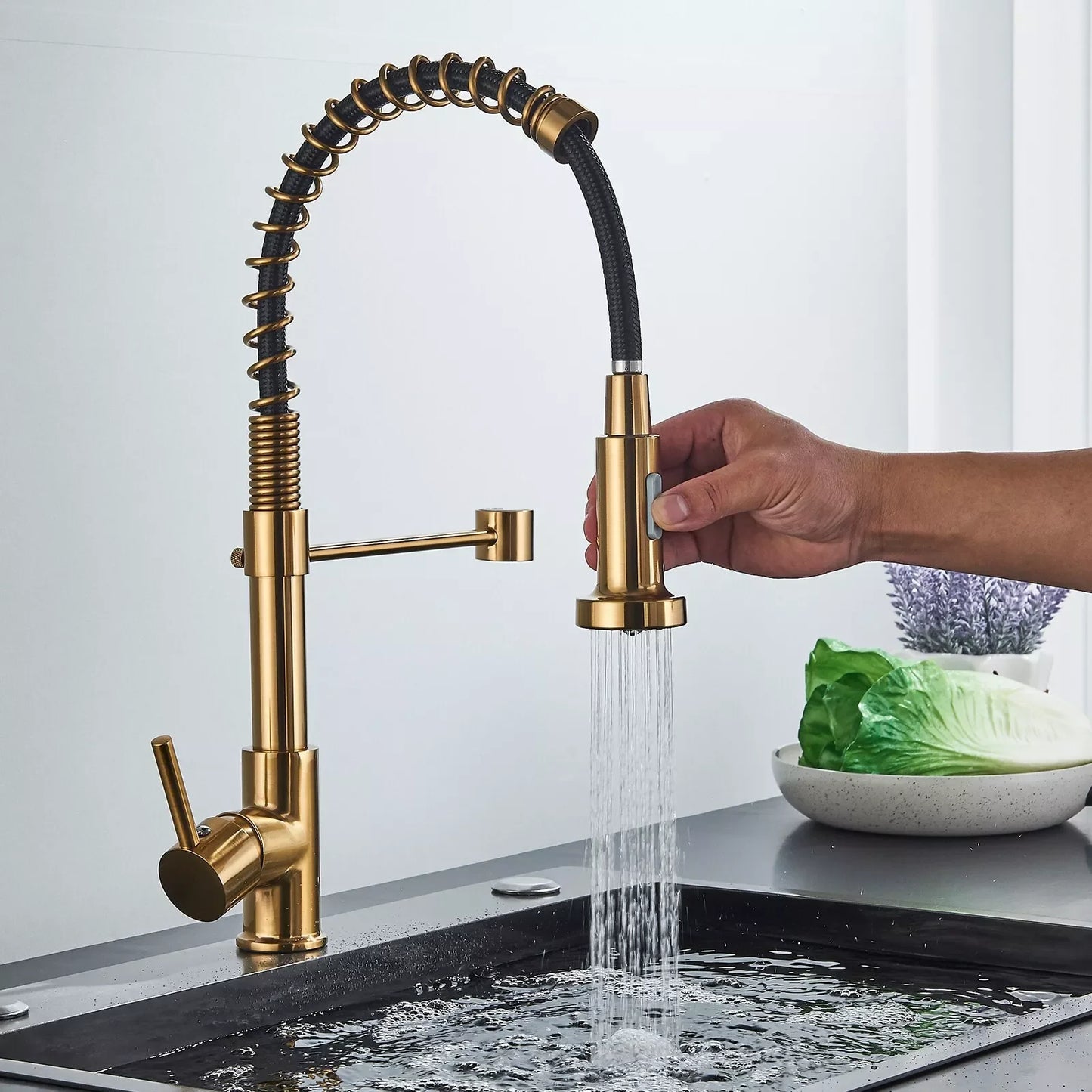 Brushed Gold Kitchen Sink Faucet One Handle Spring Hot and Cold Water Tap Deck Mounted Bathroom Kitchen Crane