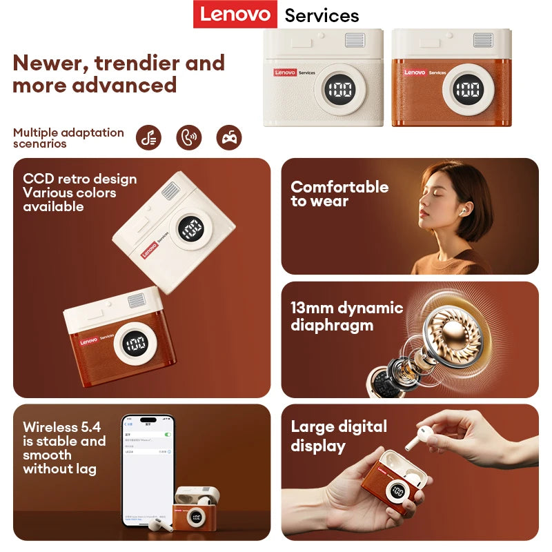 Lenovo LE218 Bluetooth 6.0 Vintage Leather Wireless Earbuds LED Digital Display Headphones ENC Noise Reducation Earphone for Mi