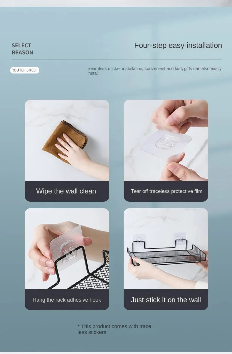 Self-adhesive Shelf Wall-mounted No-drill Storage Box  Kitchen SpiceDrying Rack Shelf for Dish Wall Router Rack TV Set-top Box