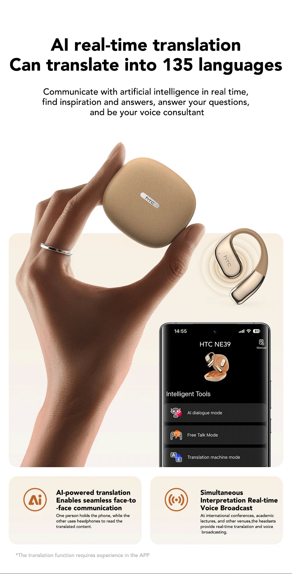 【AI Translator Earbud】 HTC NE39 Earphones Bluetooth OWS Sports Wireless Headphones Noise Reduction Earbud With Mic Long life