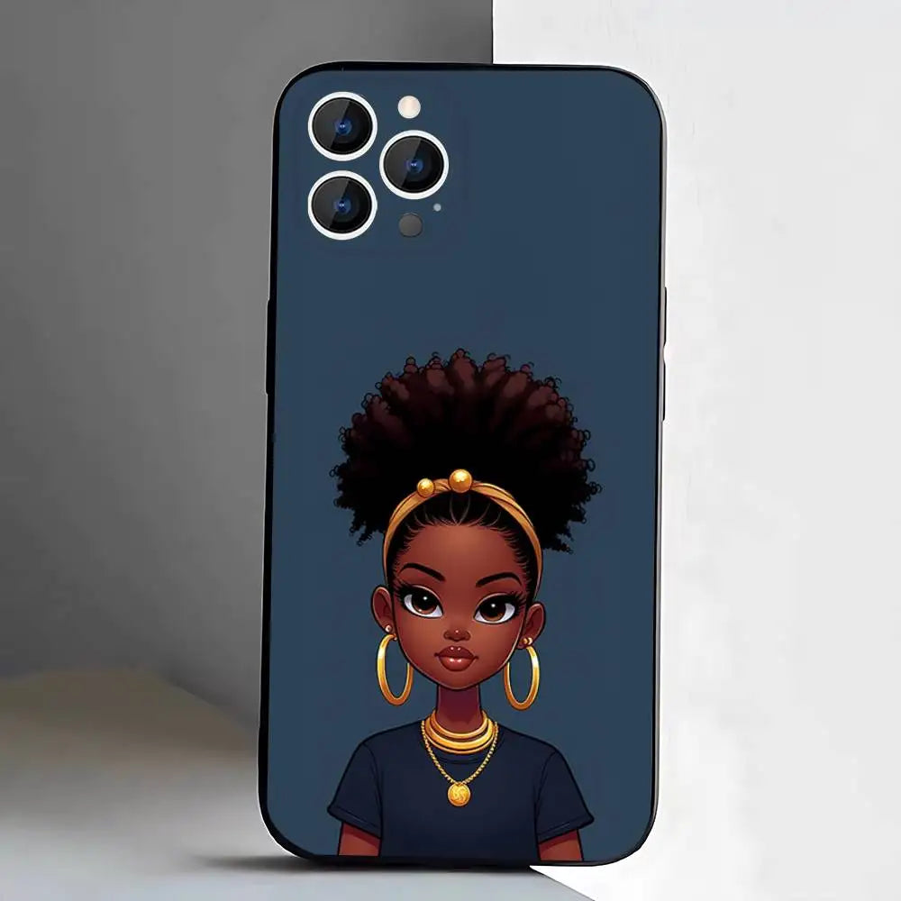 Black Girl A-Afro Phone Case For iPhone 17,16,15,14,13,12,11,Pro,XS,Max,XR,Plus,E,SE4,Mini Black Soft Cover