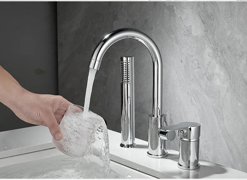 Bathroom Bathtub Shower Faucet with Swivel Tub Spout and Handhold Shower Brass Wall Mounted Hot Cold Water Mixer Bath Tap