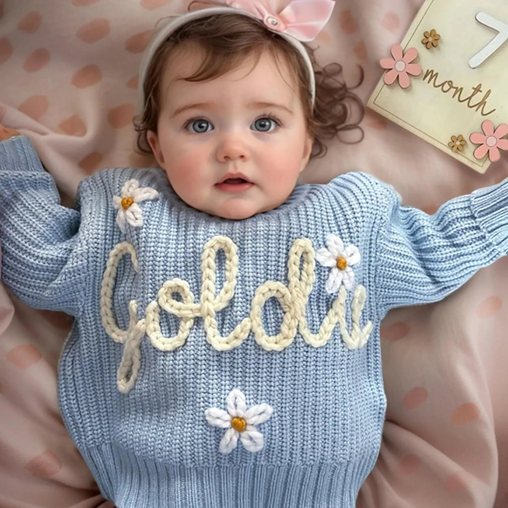 New Custom Name Kids Clothes Girls Boys Personalized Baby Sweaters Handmade Thick Line Embroidery Children's Knitted Sweater
