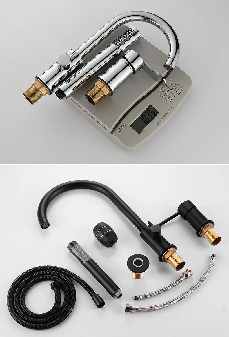 Bathroom Bathtub Shower Faucet with Swivel Tub Spout and Handhold Shower Brass Wall Mounted Hot Cold Water Mixer Bath Tap
