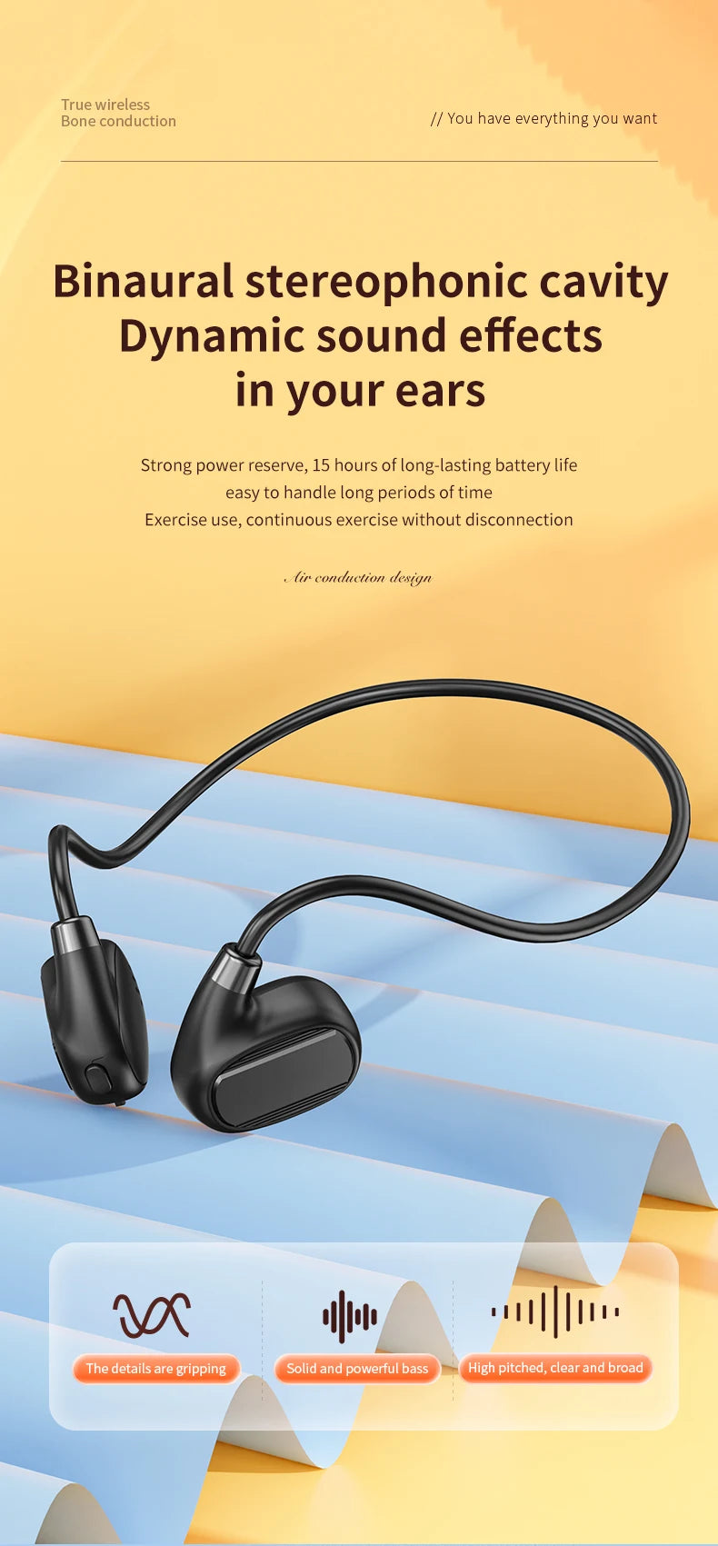 Ear-mounted sports wireless earphones, air conduction headset, BT 5.3, ultra-long battery life, suitable for running and cycling