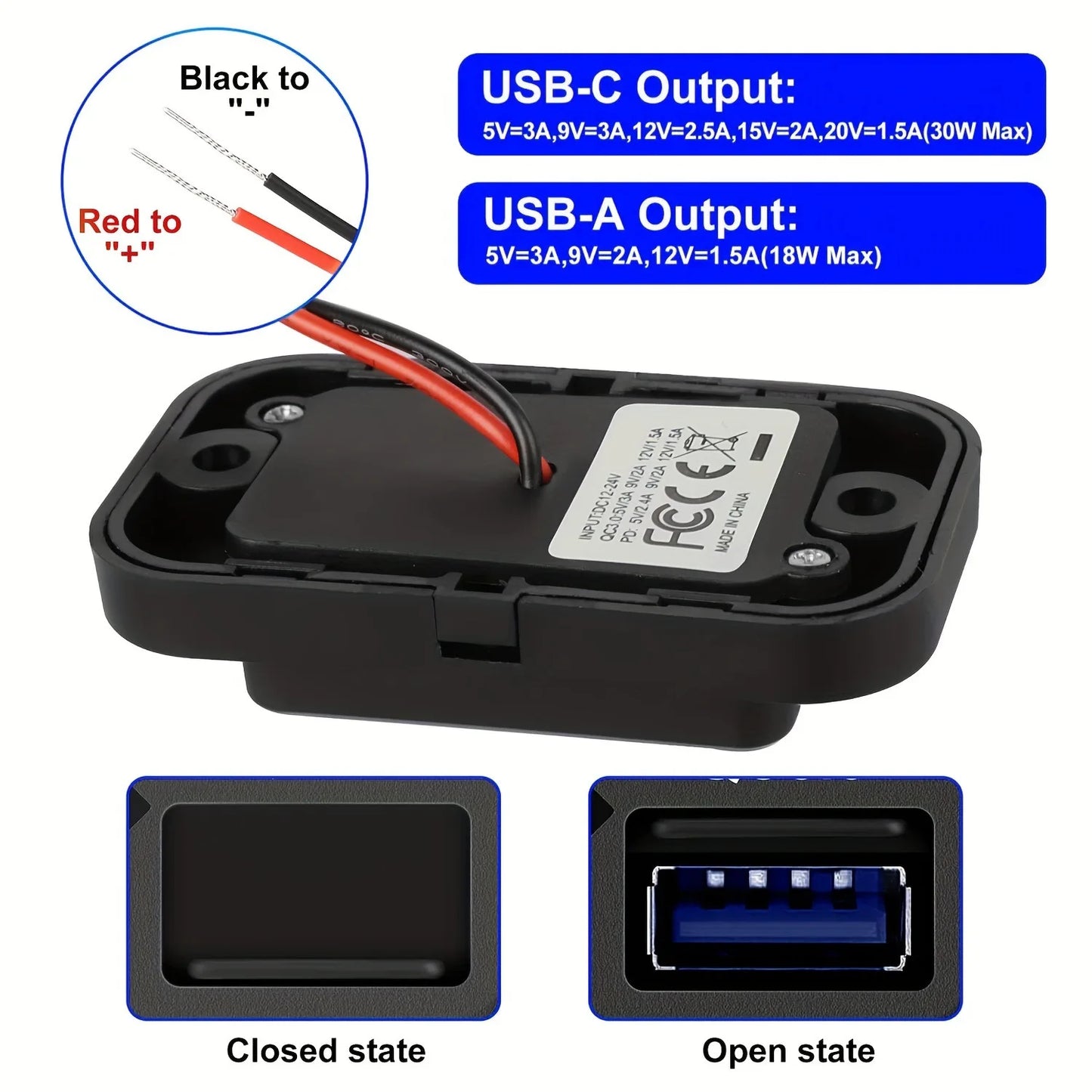 PD QC3.0 96W Dual USB Car Charger Socket 12V/24V Quick Charge Outlet with Switch LED Light for Car Motorcycle Truck RV Bus ATV