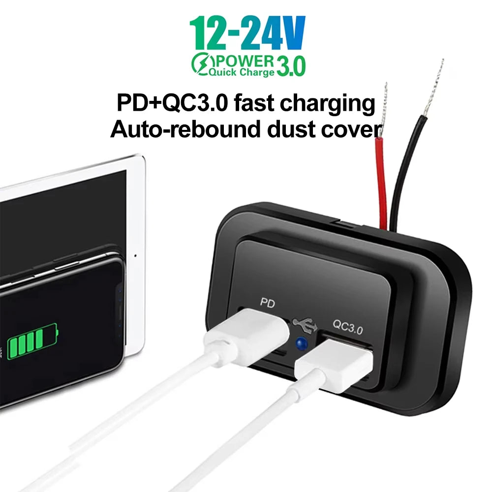 PD QC3.0 96W Dual USB Car Charger Socket 12V/24V Quick Charge Outlet with Switch LED Light for Car Motorcycle Truck RV Bus ATV