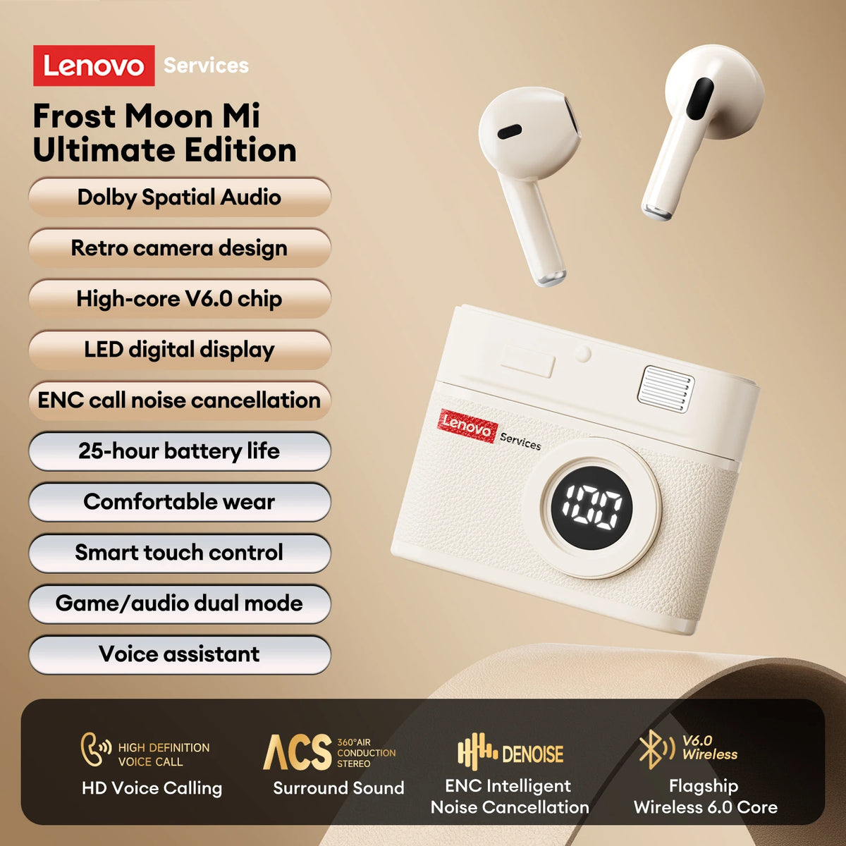 Lenovo LE218 Bluetooth 6.0 Vintage Leather Wireless Earbuds LED Digital Display Headphones ENC Noise Reducation Earphone for Mi
