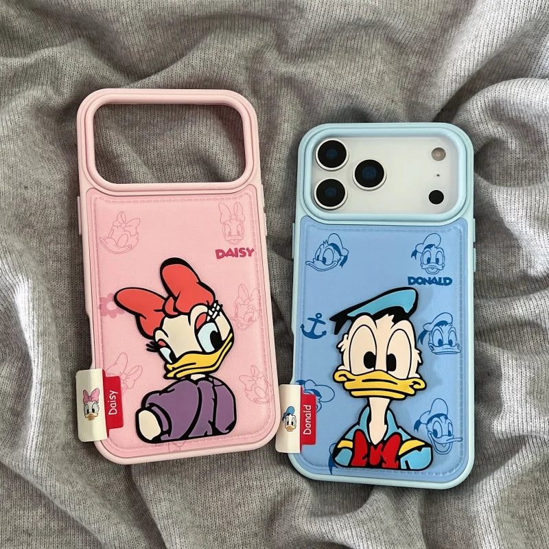 Luxury embossing leather Cute couple cartoon Funny Daisy Donald Duck Phone Case For iPhone 13 14 15 16 17 Pro Max 17Pro Cover﻿﻿