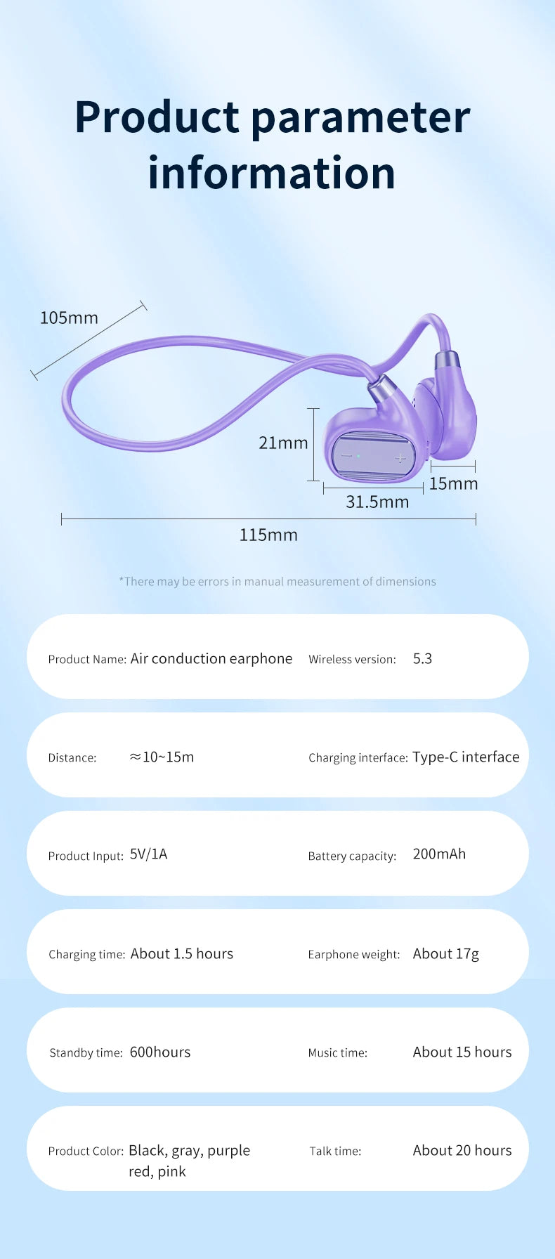 Ear-mounted sports wireless earphones, air conduction headset, BT 5.3, ultra-long battery life, suitable for running and cycling