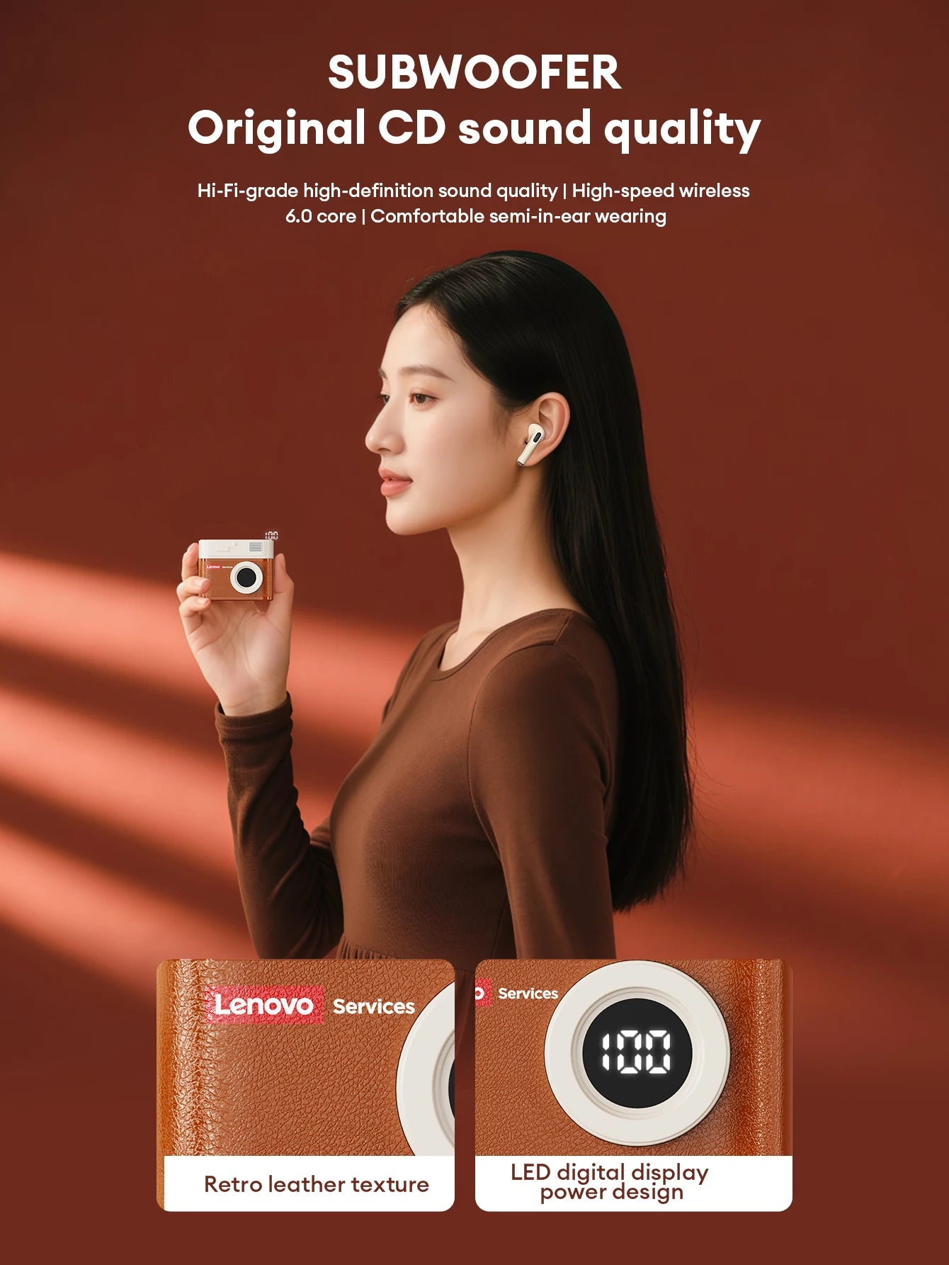 Lenovo LE218 Bluetooth 6.0 Vintage Leather Wireless Earbuds LED Digital Display Headphones ENC Noise Reducation Earphone for Mi