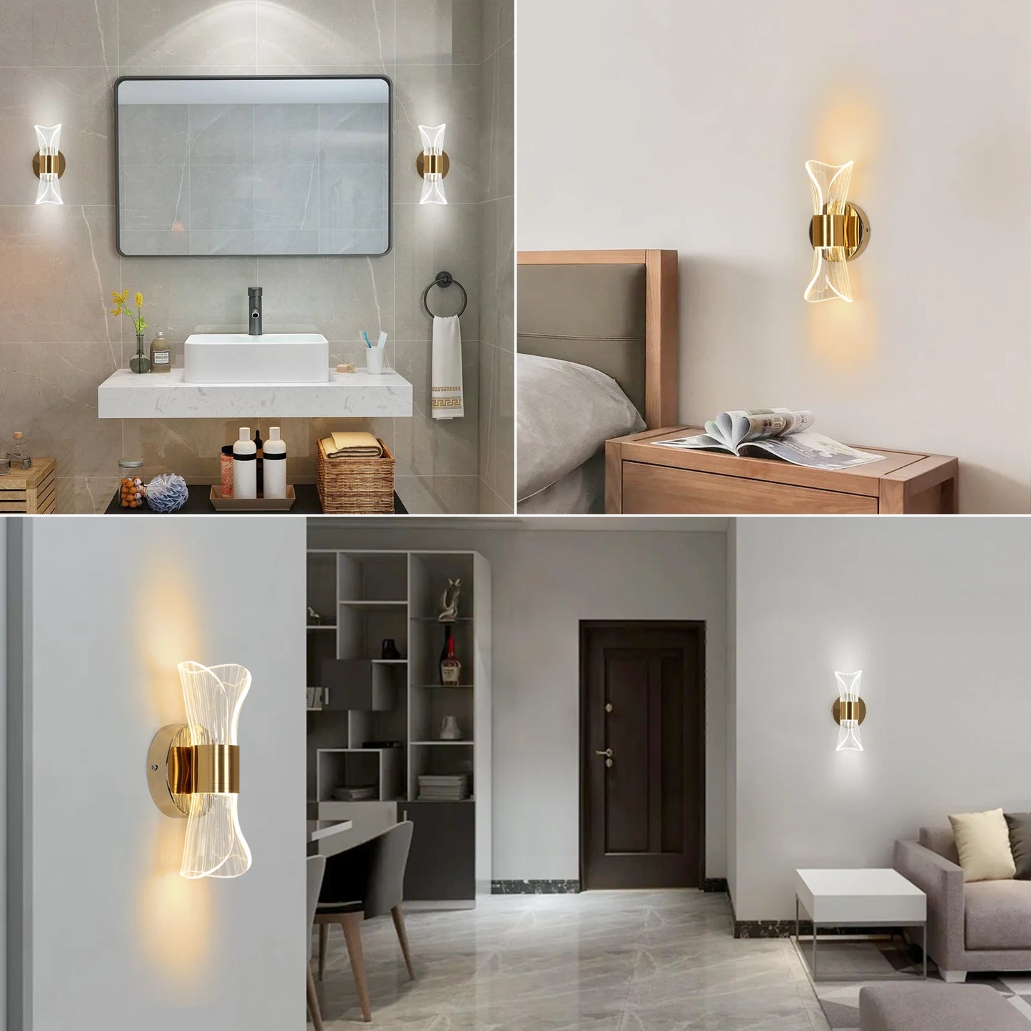 Indoor LED Wall Lamp,Modern 12W Wall Lamp Dimmable with 3 Light Colors,Gold Acrylic Wall Lamp for Bedroom Stairwell Hallway