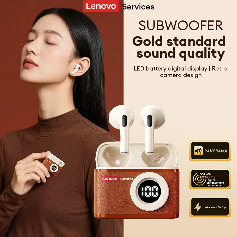 Lenovo LE218 Bluetooth 6.0 Vintage Leather Wireless Earbuds LED Digital Display Headphones ENC Noise Reducation Earphone for Mi