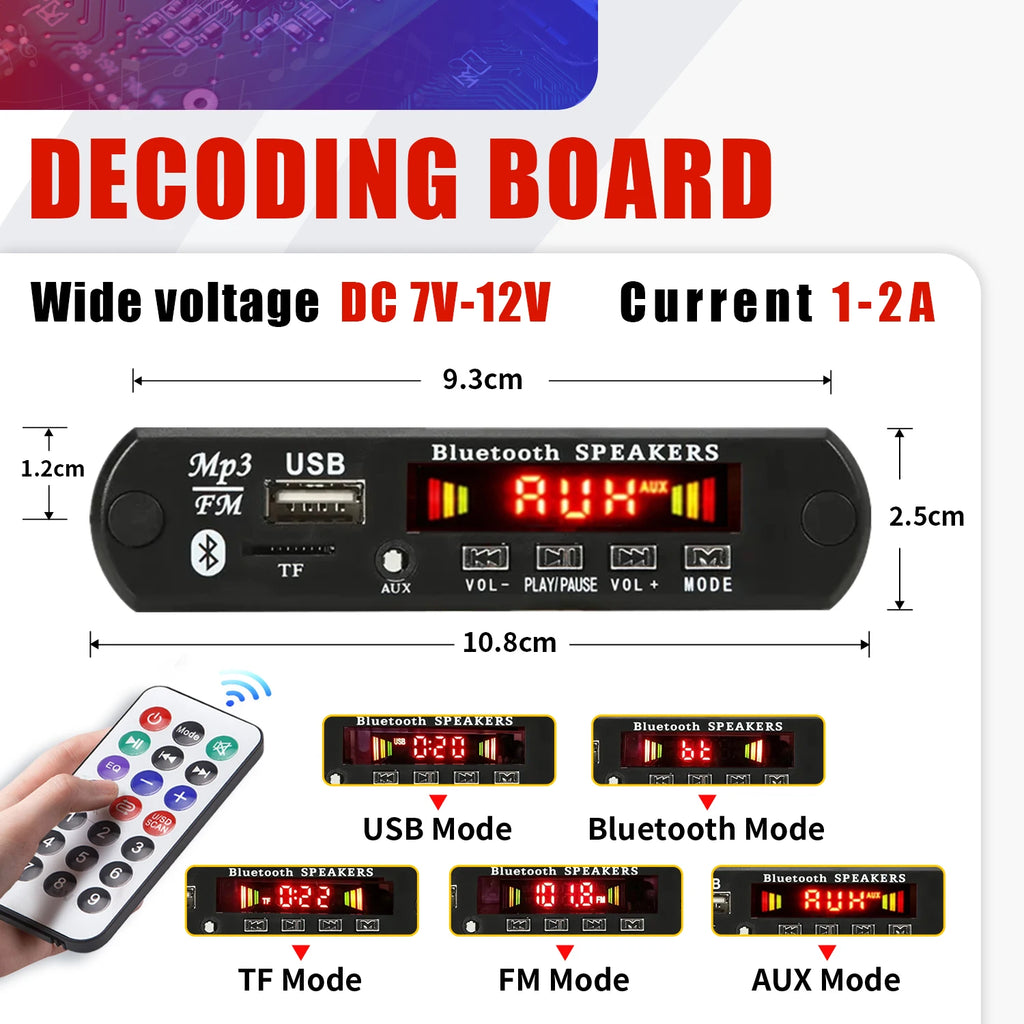 Car DIY 5.0 Bluetooth MP3 WAV Decoder Board DC 12V Wireless USB MP3 Music Player TF Card Slot FM AUX with Mic Handsfree control