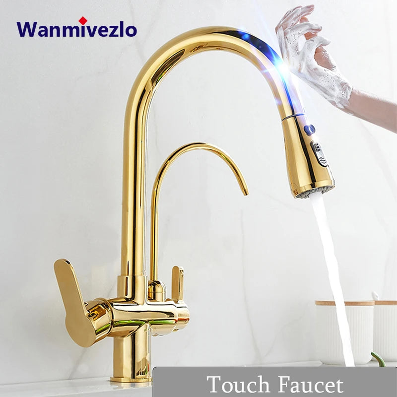 Touch Sensor Filter Kitchen Faucet With Pure Water Pull Out Mixer Tap Rotate Hot Cold Water Crane Mode Deck Mounted Mixer Tap