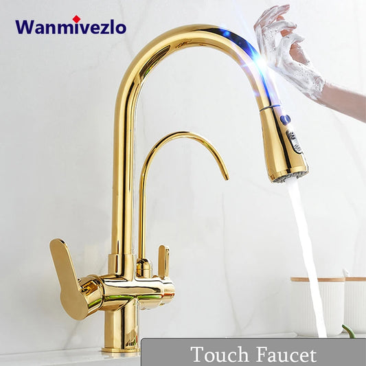 Touch Sensor Filter Kitchen Faucet With Pure Water Pull Out Mixer Tap Rotate Hot Cold Water Crane Mode Deck Mounted Mixer Tap