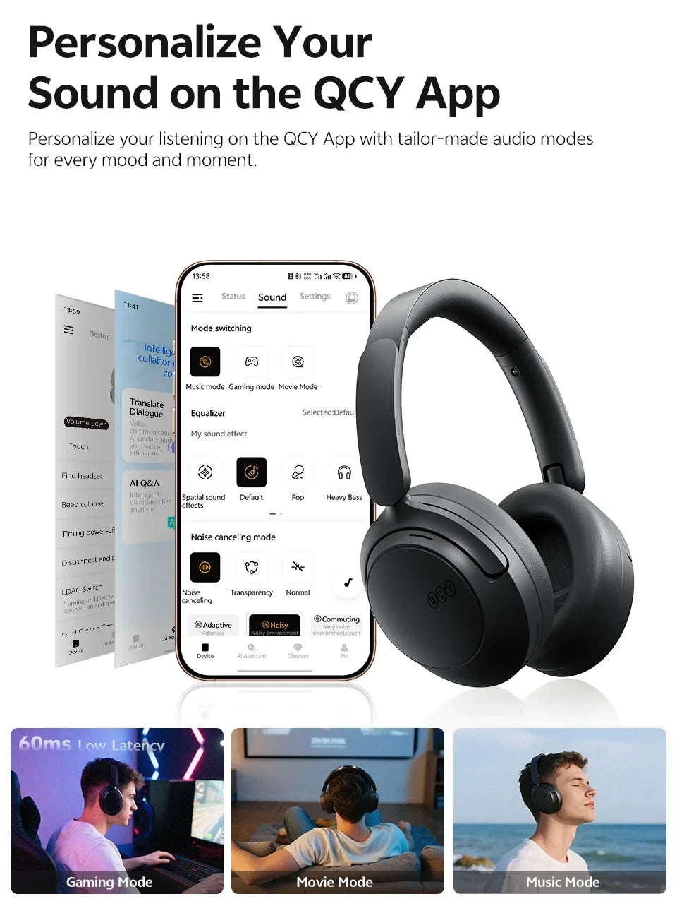 H3S -56dB Adaptive ANC Over Ear Headphone Hi-Res LDAC Spatial Sound Wireless Earphone Bluetooth 6.0 Dual Driver 102H Headset