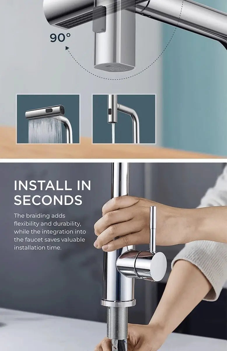 YCRAYS Brushed Nickle Kitchen Touch Sense Pulling Out Faucet Gray Waterfall Stream Sprayer Head Sink Mixer Water Tap Accessories