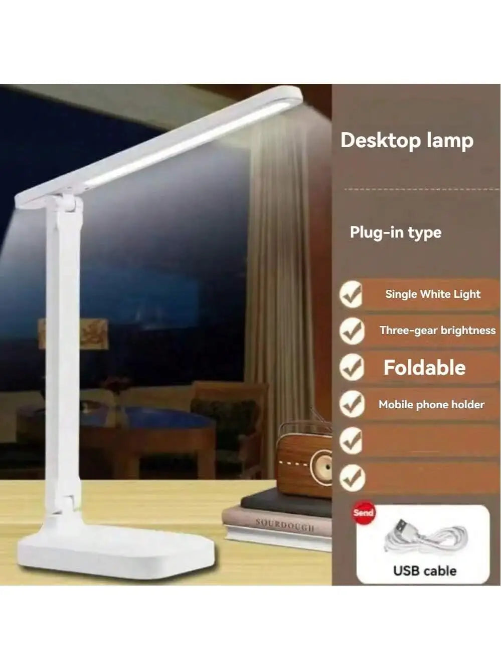 Foldable eye protection desk lamp, supports three-speed dimming, supports USB charging and plug-in two styles, and has learning