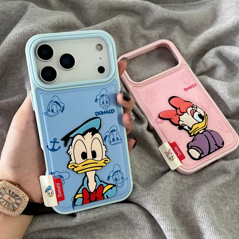 Luxury embossing leather Cute couple cartoon Funny Daisy Donald Duck Phone Case For iPhone 13 14 15 16 17 Pro Max 17Pro Cover﻿﻿