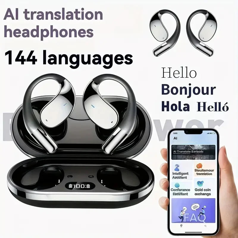 Bluetooth 5.4 Earphones AI Real Time Translation Headphones Support 144 Language Ear-hook Headsets HiFi Noise Reduction Earbuds