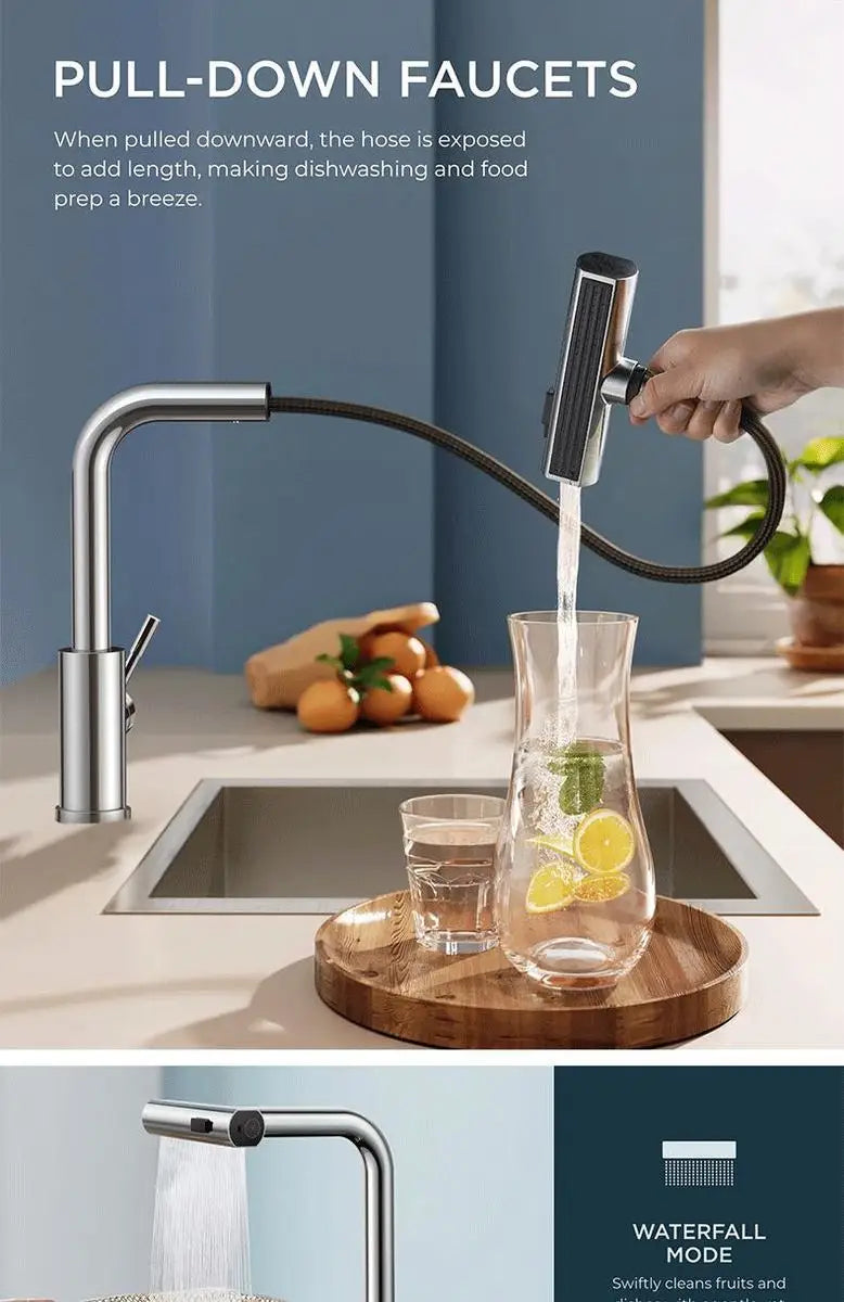 YCRAYS Brushed Nickle Kitchen Touch Sense Pulling Out Faucet Gray Waterfall Stream Sprayer Head Sink Mixer Water Tap Accessories