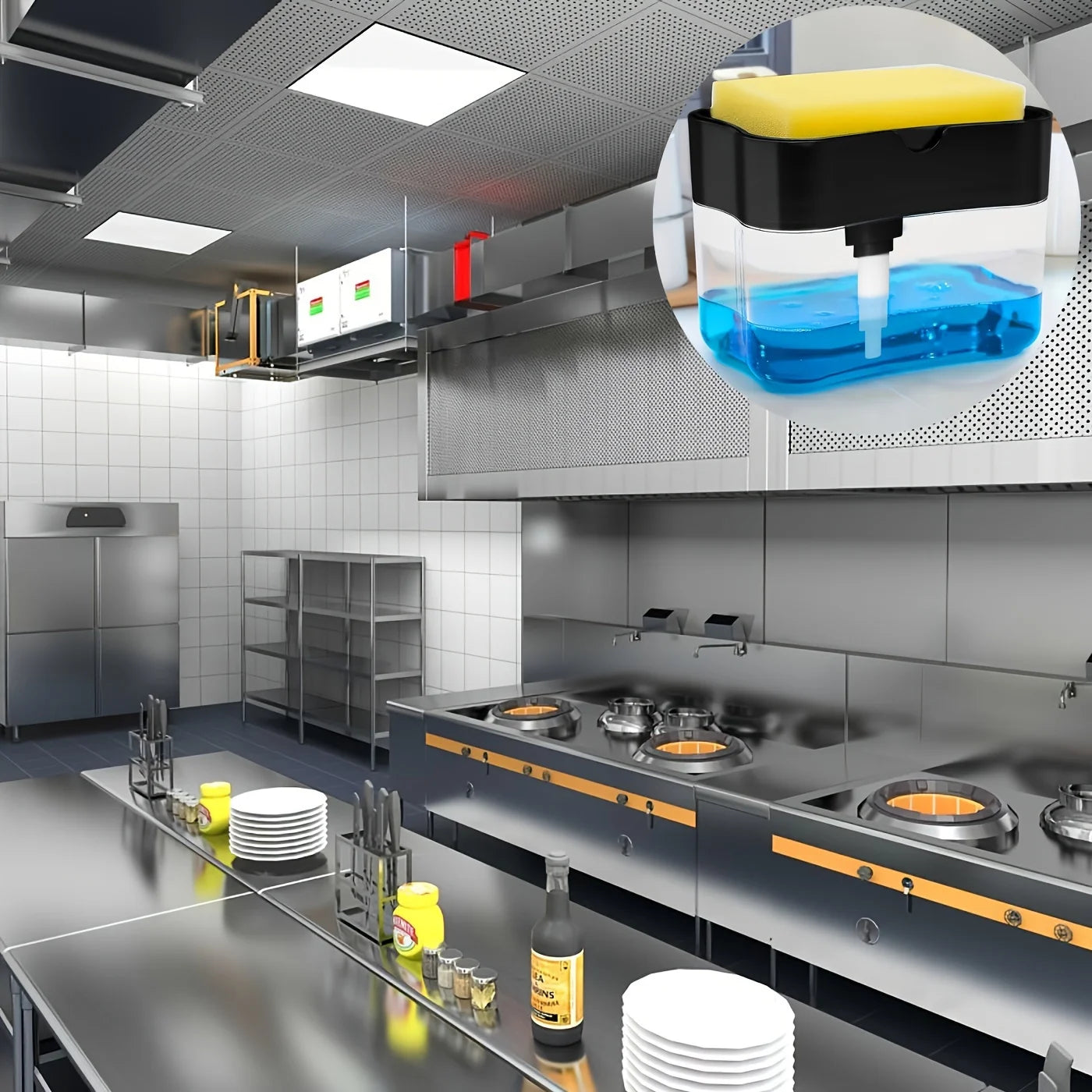 Dishwashing detergent press, automatic liquid dispenser, kitchen cleaning pot, soap brush, scouring pad, dishwashing soap box