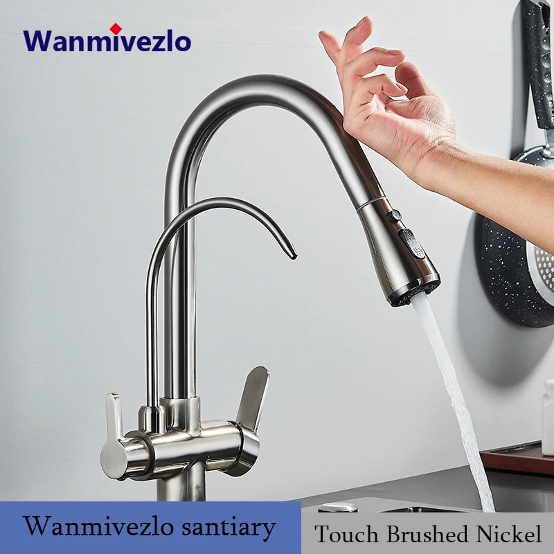Touch Sensor Filter Kitchen Faucet With Pure Water Pull Out Mixer Tap Rotate Hot Cold Water Crane Mode Deck Mounted Mixer Tap