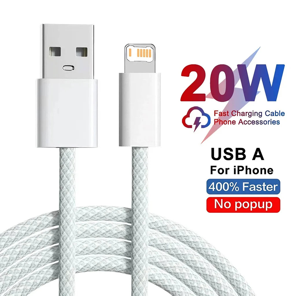 20W Braided Fast Charging USB Cable For iPhone X XR XS 6 6S 7 8 Plus 11 12 Mini 13 14 Pro Max  Rapid Charge Phone Cables 1m 2m