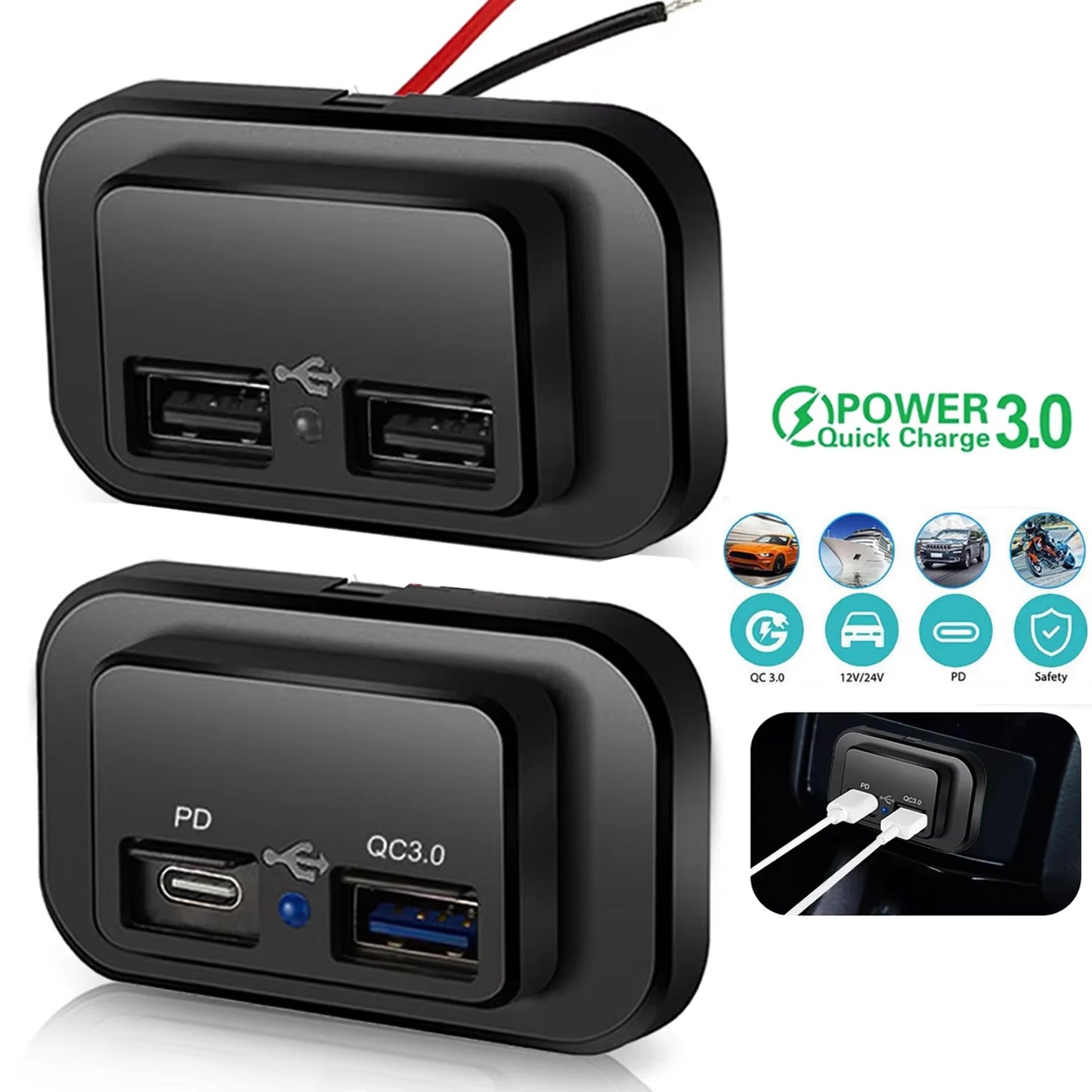 PD QC3.0 96W Dual USB Car Charger Socket 12V/24V Quick Charge Outlet with Switch LED Light for Car Motorcycle Truck RV Bus ATV