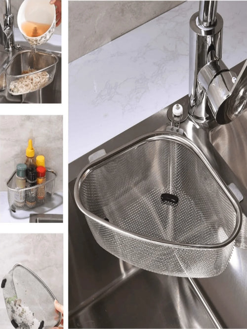 1Pc Stainless Steel Triangle Sink Drain Basket, Max Capacity 6.61lbs, Polished Surface,With Trash Residue Strainer