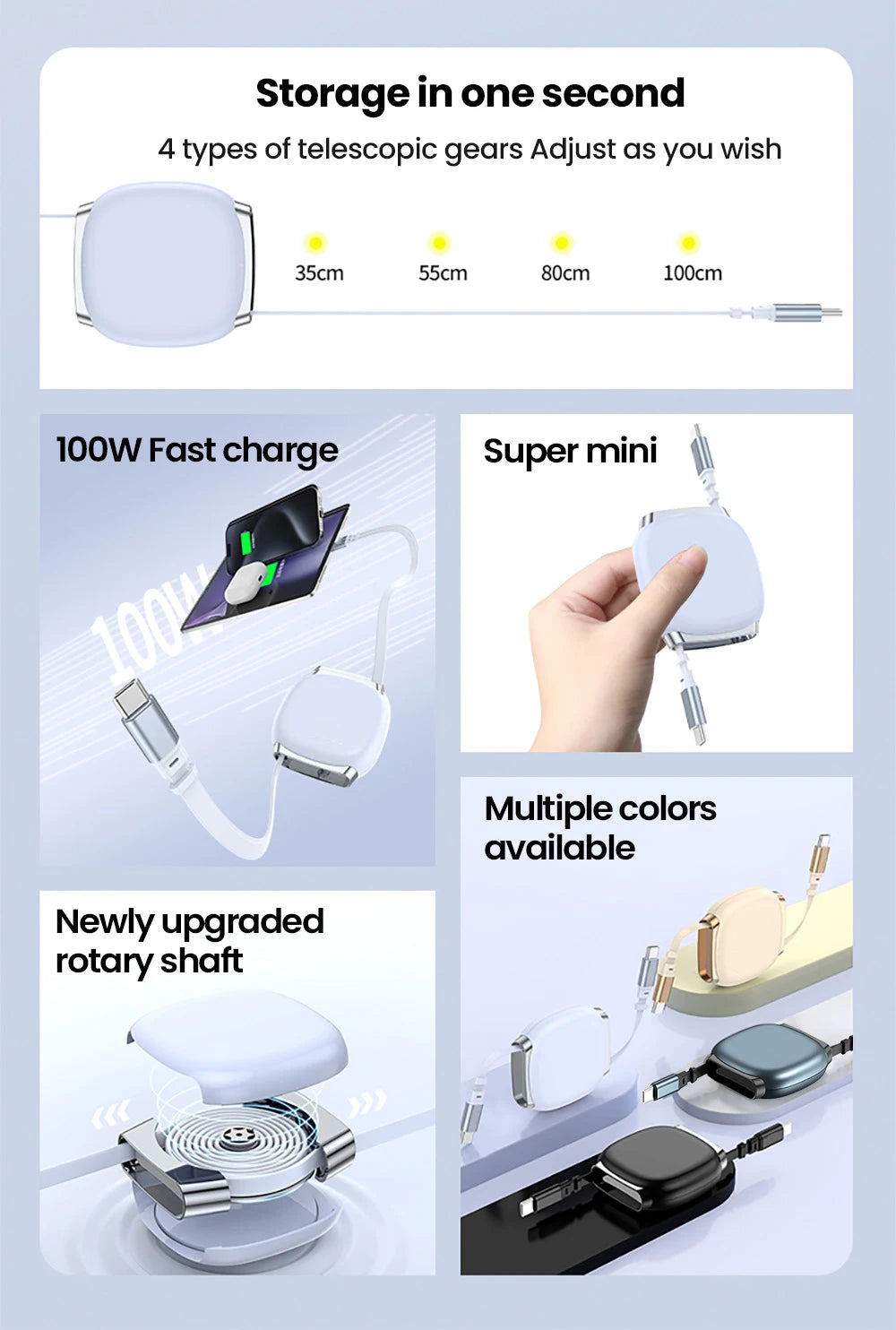 USB C to USB C Cable 100W for iPhone 16 15 Plus Pro Max Retractable Cable For MacBook iPad Fast Charger Cable Charger Data Wire