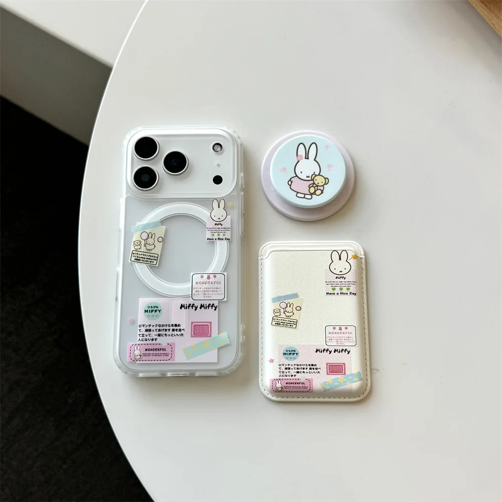Korean Ins Cute Cartoon Rabbit with Magsafe Card Holde Magnetic Stand Phone Case For iPhone 17 16 Pro 15 17  Pro Max 14 13 Cover