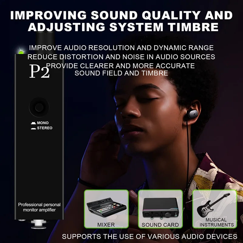 P2 Headphone Amplifier, Ultra Compact In Ear Headphone Monitor, Stereo Monitor/Headphone Power Amplifier/headphone music monitor
