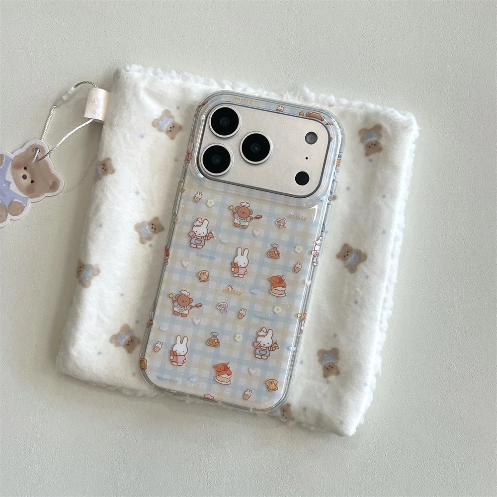 Korean INS fashion plaid Bear Rabbit phone case for iPhone 13 14 15 16 Pro 17 Pro Max cover cute cartoon cartoon shockproof Case