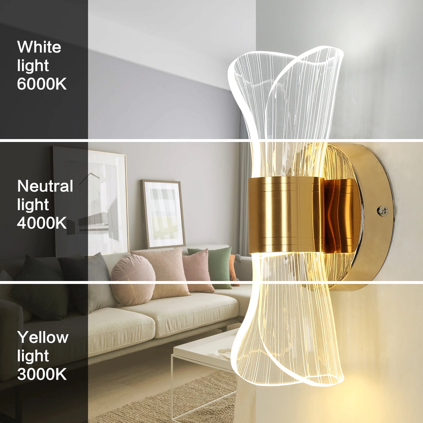 Indoor LED Wall Lamp,Modern 12W Wall Lamp Dimmable with 3 Light Colors,Gold Acrylic Wall Lamp for Bedroom Stairwell Hallway