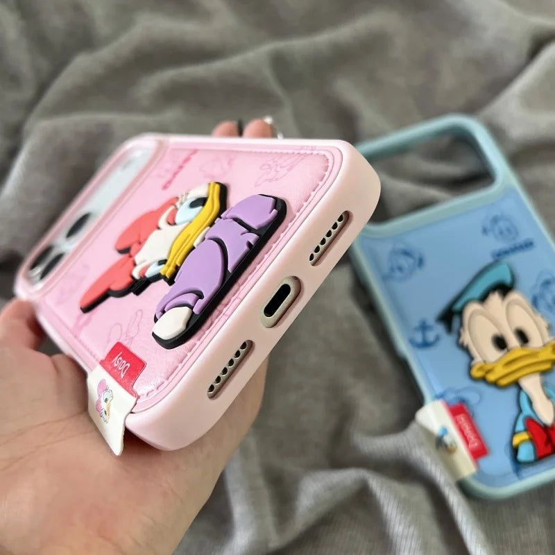 Luxury embossing leather Cute couple cartoon Funny Daisy Donald Duck Phone Case For iPhone 13 14 15 16 17 Pro Max 17Pro Cover﻿﻿