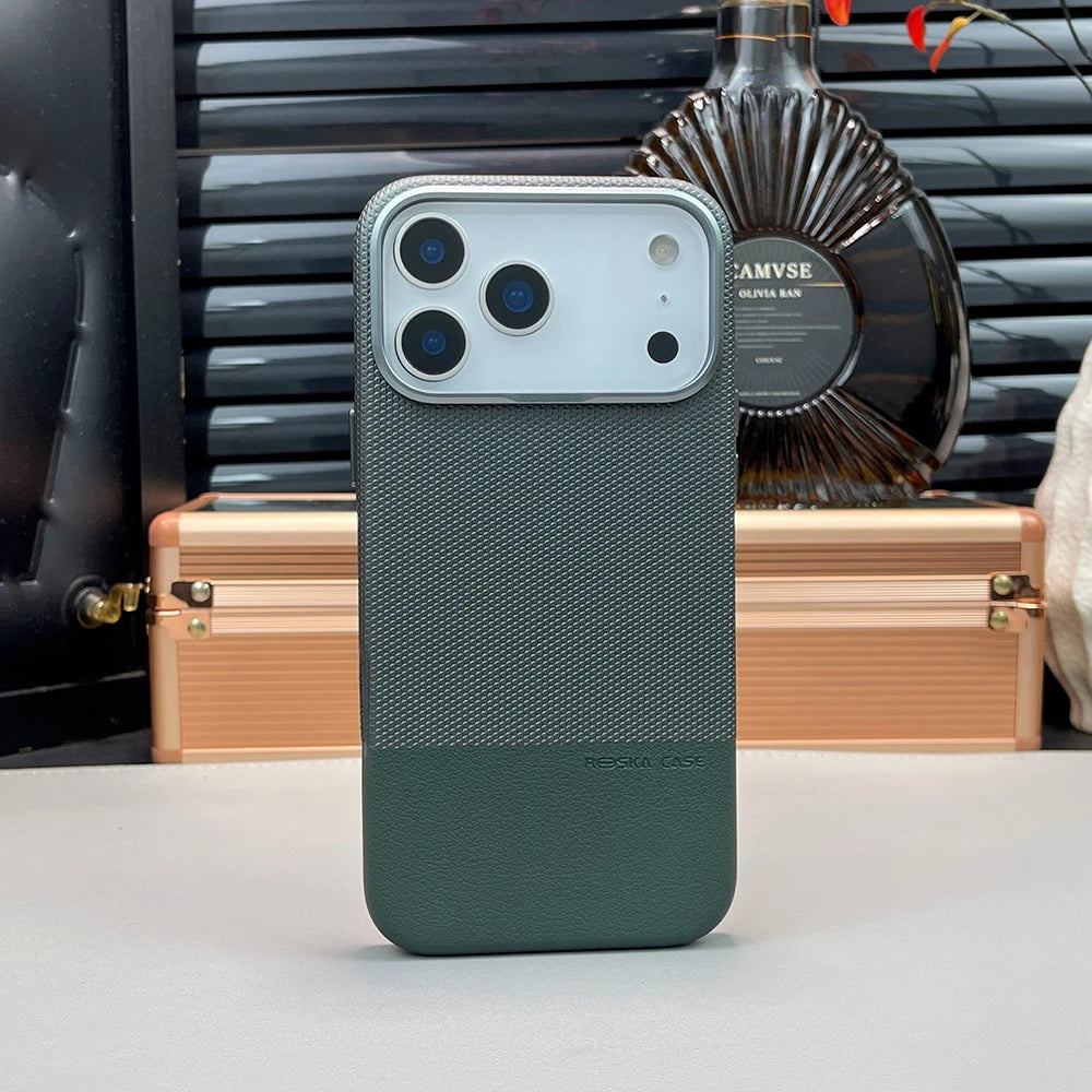 Luxury Business Hit Color Relief Leather Case for IPhone 17 Pro Max 16 15 14 13 for MagSafe Magnetic Shockproof Alloy Lens Cover