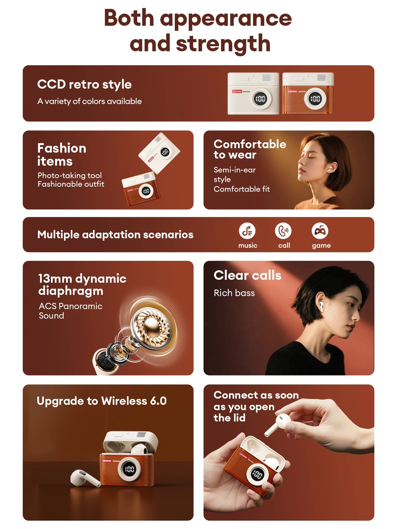 Lenovo LE218 Bluetooth 6.0 Vintage Leather Wireless Earbuds LED Digital Display Headphones ENC Noise Reducation Earphone for Mi