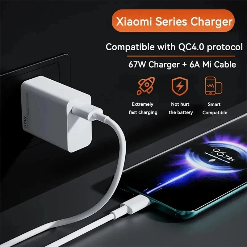 For XIAOMI 67W Charger Cargador Hyper Turbo Charge Adapter 67W Fast Charging Cable For Mi 15T 13T 13 12 Lite Poco X5 Pro F5 F4