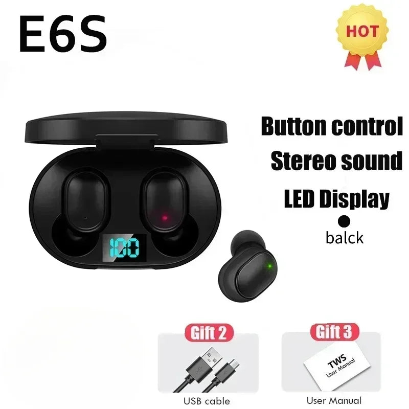 E6S TWS Bluetooth Earphones Wireless Bluetooth Headset Noise Cancelling Headsets with Microphone Headphones for Xiaomi Huawei