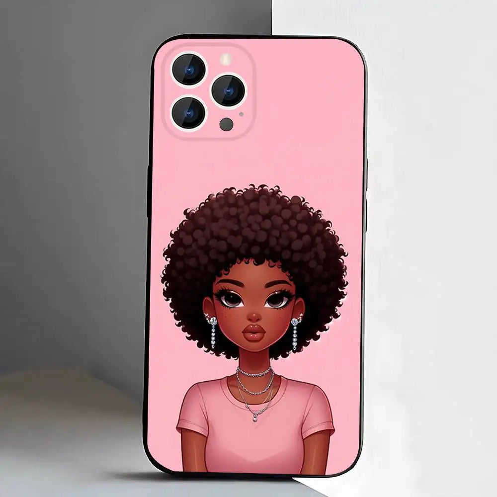 Black Girl A-Afro Phone Case For iPhone 17,16,15,14,13,12,11,Pro,XS,Max,XR,Plus,E,SE4,Mini Black Soft Cover