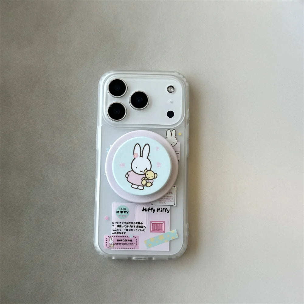 Korean Ins Cute Cartoon Rabbit with Magsafe Card Holde Magnetic Stand Phone Case For iPhone 17 16 Pro 15 17  Pro Max 14 13 Cover