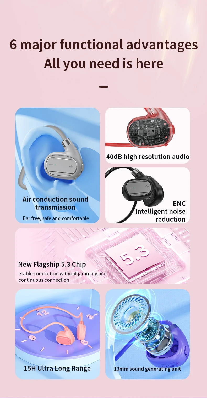 Ear-mounted sports wireless earphones, air conduction headset, BT 5.3, ultra-long battery life, suitable for running and cycling
