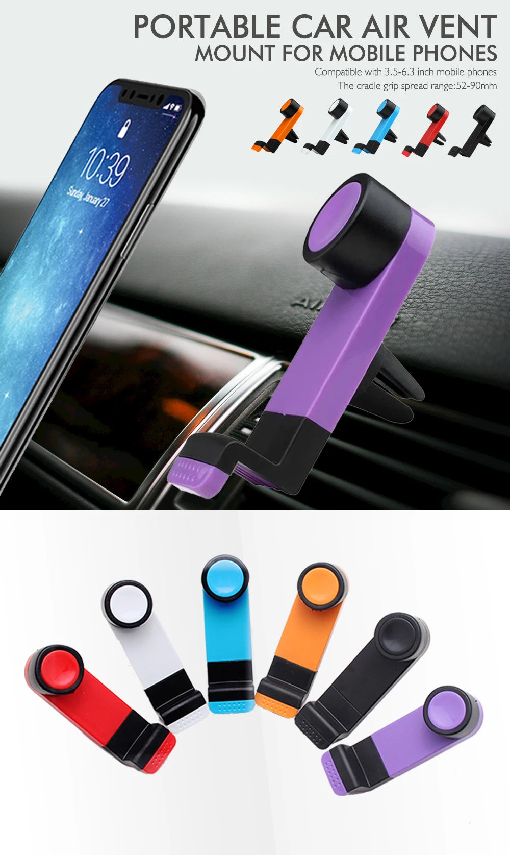 Portable Car Air Vent Mount for Mobile Phones 360 Degree Rotation Adjustment Compatible with 3.5-6.3 Inch Phones