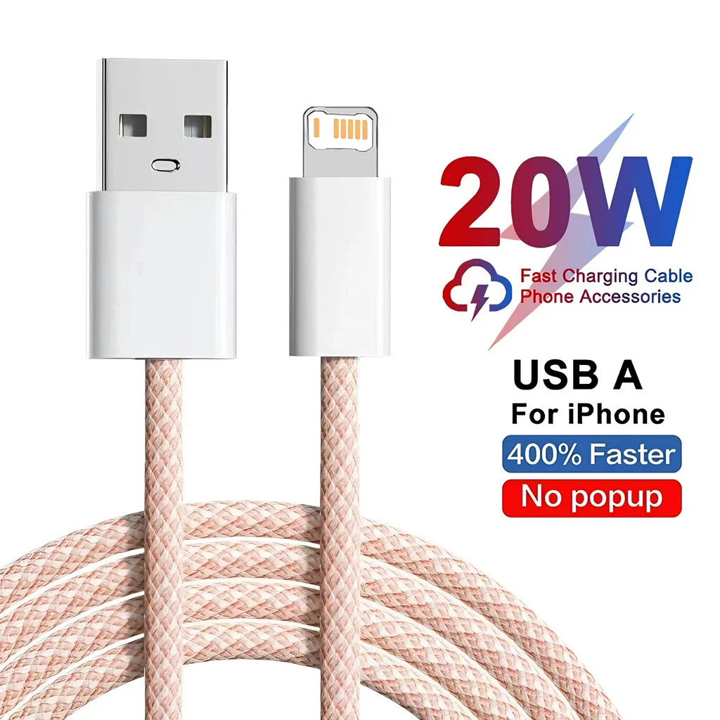 20W Braided Fast Charging USB Cable For iPhone X XR XS 6 6S 7 8 Plus 11 12 Mini 13 14 Pro Max  Rapid Charge Phone Cables 1m 2m
