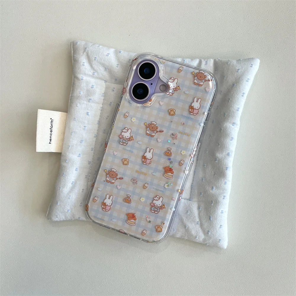 Korean INS fashion plaid Bear Rabbit phone case for iPhone 13 14 15 16 Pro 17 Pro Max cover cute cartoon cartoon shockproof Case