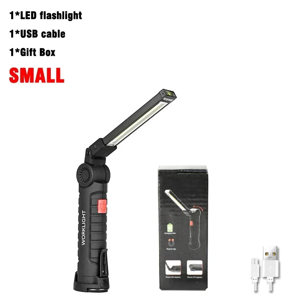 Lampe de travail LED COB rechargeable USB, torche d’inspection magnétique avec crochet luminosité réglable, batterie 18650 outil